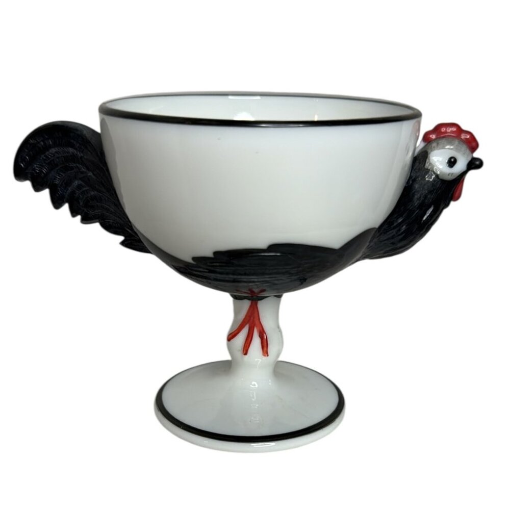 Vtg Westmoreland Milk Glass Pedestal Egg/Dessert Cup Blk Rooster/Chicken 1950's